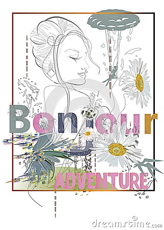 Slogan design print with the word bonjour, a beautiful girl, tropical leaves and flowers decorated with colorful mosaics. Vector Illustration